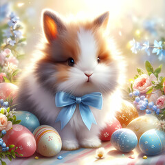 Easter bunny with blue bow with easter eggs, Easter day illustration