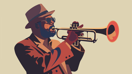 Vector illustration of a trumpet player flat cartoon - obrazy, fototapety, plakaty