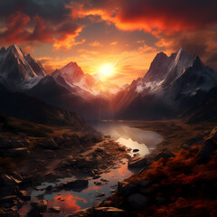 A dramatic sunrise over a mountain range. - obrazy, fototapety, plakaty