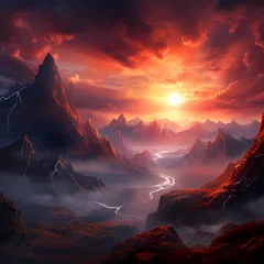 Foto op Canvas A dramatic sunrise over a mountain range. © Cao