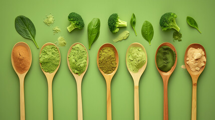 Assorted Superfood Powders in Wooden Spoons with Fresh Greens