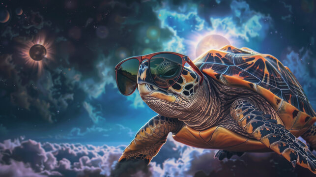 A turtle wearing sunglasses is flying through the sky. The image has a dreamy, whimsical mood