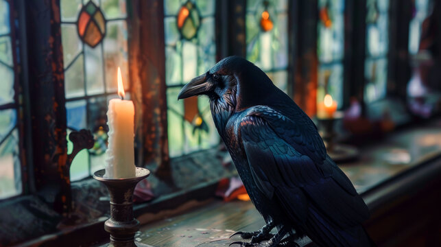 a lone raven perched in front of an old stained-glass window with a candle near