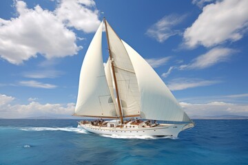 Fototapeta premium Tranquil white sailboat smoothly sailing on the serene deep blue ocean waters with clear blue skies and fluffy white clouds, embodying a perfect image of peace and beauty.