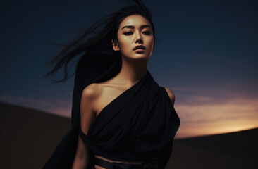 A girl  with black dress, posing in the desert at midnight sky art, in the style of asian-inspired,...
