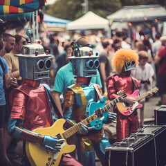 A robot band playing at a music festival.  - obrazy, fototapety, plakaty