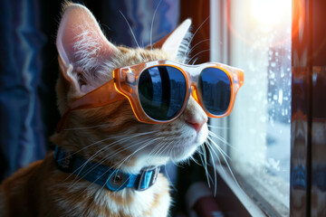 A cat wearing sunglasses and a blue collar. The cat is looking out the window. Scene is lighthearted and playful - obrazy, fototapety, plakaty