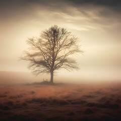 Fototapeta na wymiar A solitary tree in a foggy meadow. 
