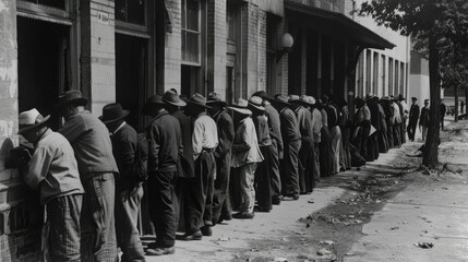 Bread line during economic depression, history lessons, recurring themes