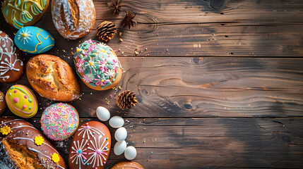 Easter bread and colorful easter cookies on the wood table. Top view with copy space on the right.