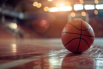 Basketball ball on the court with a hall background with space for text