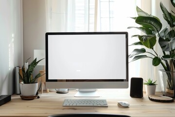 Beautiful background with a modern computer on a desk with a blank white screen for a logo