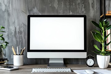Beautiful background with a modern computer on a desk with a blank white screen for a logo - obrazy, fototapety, plakaty