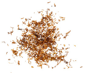 A pile of shredded tobacco for cigarette rolling, top view, isolated on a transparent background,...