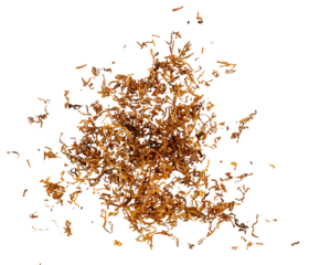 A pile of shredded tobacco for cigarette rolling, top view, isolated on a transparent background, graphic element