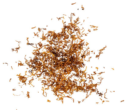 A pile of shredded tobacco for cigarette rolling, top view, isolated on a transparent background, graphic element