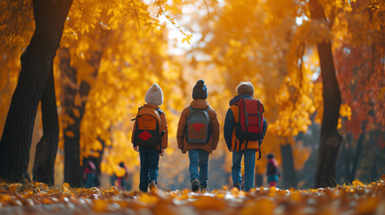 A group of children with backpacks walking in an autumn park on a sunny day, rear view, time for school - obrazy, fototapety, plakaty