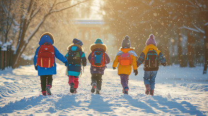 A group of children with backpacks walking in an snow park on a sunny day, rear view - obrazy, fototapety, plakaty