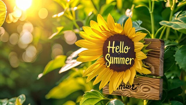 Sunflower with  Hello Summer  sign against lush leaves and sunlight. Outdoor photography with copy space.