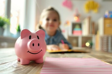 Obraz premium A child with pink piggy bank on wooden desk