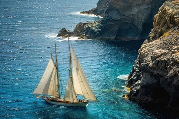 A classic sailboat glides through the blue waters near a rugged coastline