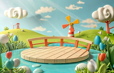 Wooden bridge and windmill in the park - obrazy, fototapety, plakaty