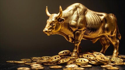 Design a picture with a stock market theme. Includes Bull and Bear markets Bull and Bitcoin and shows a golden bull stands on muche coins.
