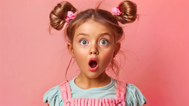 Surprised little girl with pink hair bows and open mouth on pink background. 