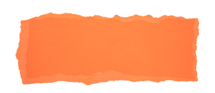 Orange Torn paper banner in a rectangle shape, ripped orange paper sheet, realistic paper scrap with torn edges, isolated on a transparent background, grunge textured graphic element