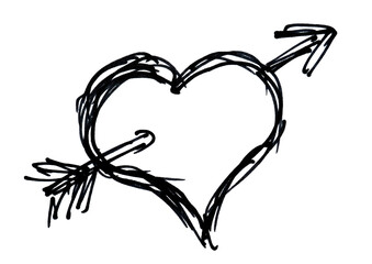 Hand-drawn heart shape and arrow with a black highlight marker, isolated on a transparent...