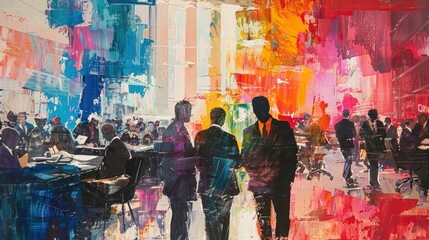 An oil painting of a bustling stock exchange, where figures in suits exchange financial instruments amidst a backdrop of vibrant colors and dynamic brushstrokes.