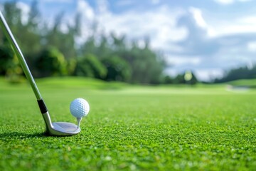 A green golf course with a club and a ball in the right part of the screen with space for text or inscriptions or logos