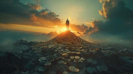 A lone figure standing atop a mountain of coins and bills, gazing out towards the horizon, representing the triumph of financial success.