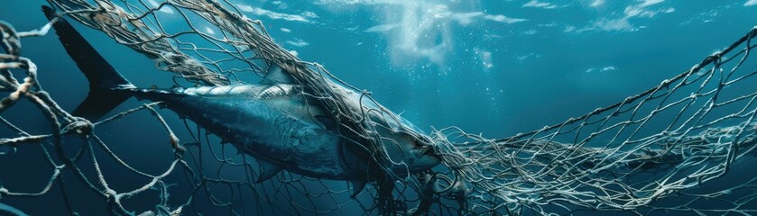 A poignant image of an empty fishing net with a single tuna escaping symbolizing the importance of conservation efforts - obrazy, fototapety, plakaty