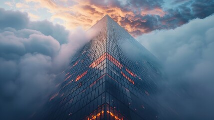 A majestic skyscraper, towering into the clouds, adorned with the logos of various financial institutions, representing the power and influence of the finance industry. - obrazy, fototapety, plakaty
