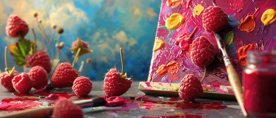 A raspberry character as a painter creating a masterpiece on a canvas - obrazy, fototapety, plakaty