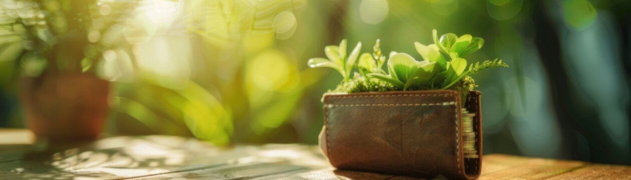 A photo manipulation of a wallet opening to reveal a miniature lush garden inside symbolizing investment in green