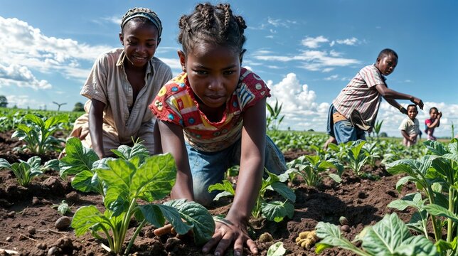 African children working on a potato field