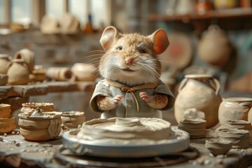 A small mouse is standing in front of a table with a plate of clay
