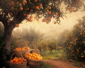 An atmospheric image of an early morning orange harvest with baskets full of fresh oranges