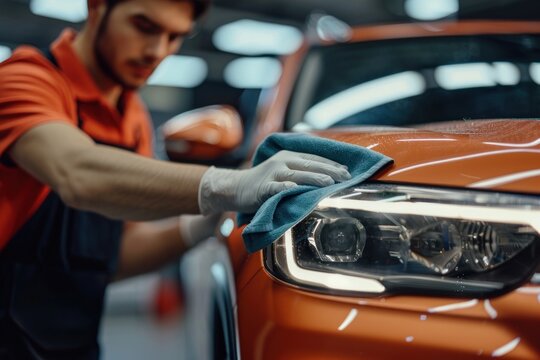A man cleaning a car with a microfiber cloth