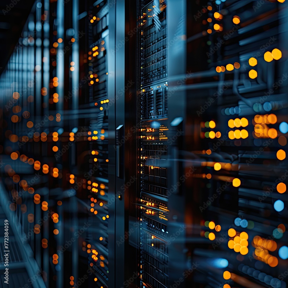 Aufkleber close-up of a server racks blinking lights in a dark data center symbolizing data processing