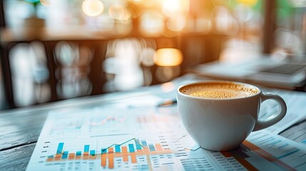 Close-up of a cup of espresso on a busy desk with blurred financial charts in the background - obrazy, fototapety, plakaty