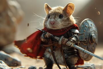 A mouse is dressed in a red cape and holding a sword - obrazy, fototapety, plakaty