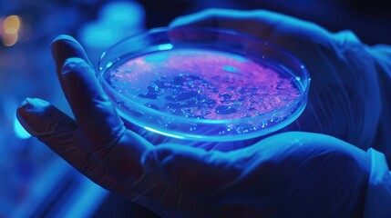 Close-up of a scientists hand holding a petri dish with a glowing sample representing biotechnology - obrazy, fototapety, plakaty