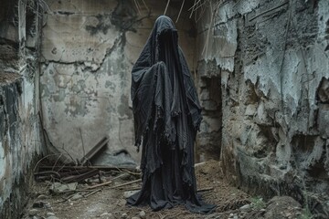 A scary ugly witch stands in an abandoned witch's den Isolated on solid white background - obrazy, fototapety, plakaty