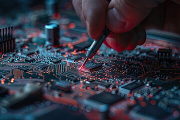 Close-up of a technicians hand soldering components on a motherboard emphasizing precision and skill