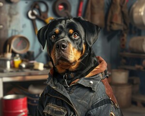A Rottweiler in a mechanics jumpsuit with a wrench and oil can