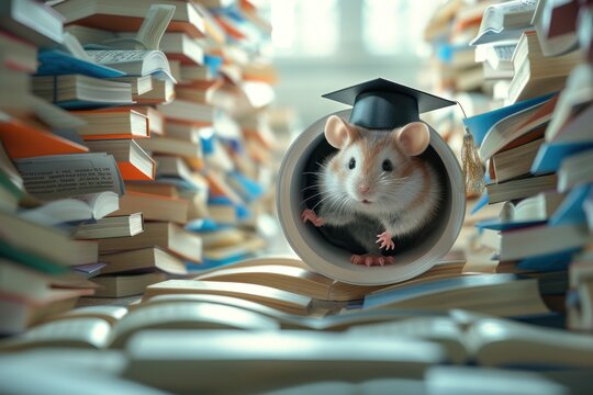 A small hamster is sitting in a stack of books