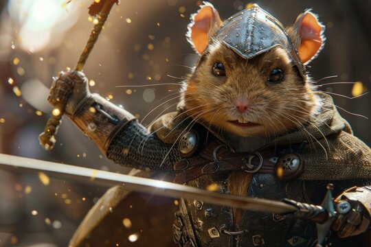 A mouse is dressed in a knight's armor and holding a sword